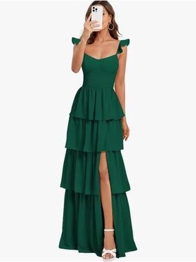Amazon Ibpdea Dark Emerald Green Ruffle Formal Floor Length Dress, Size 4